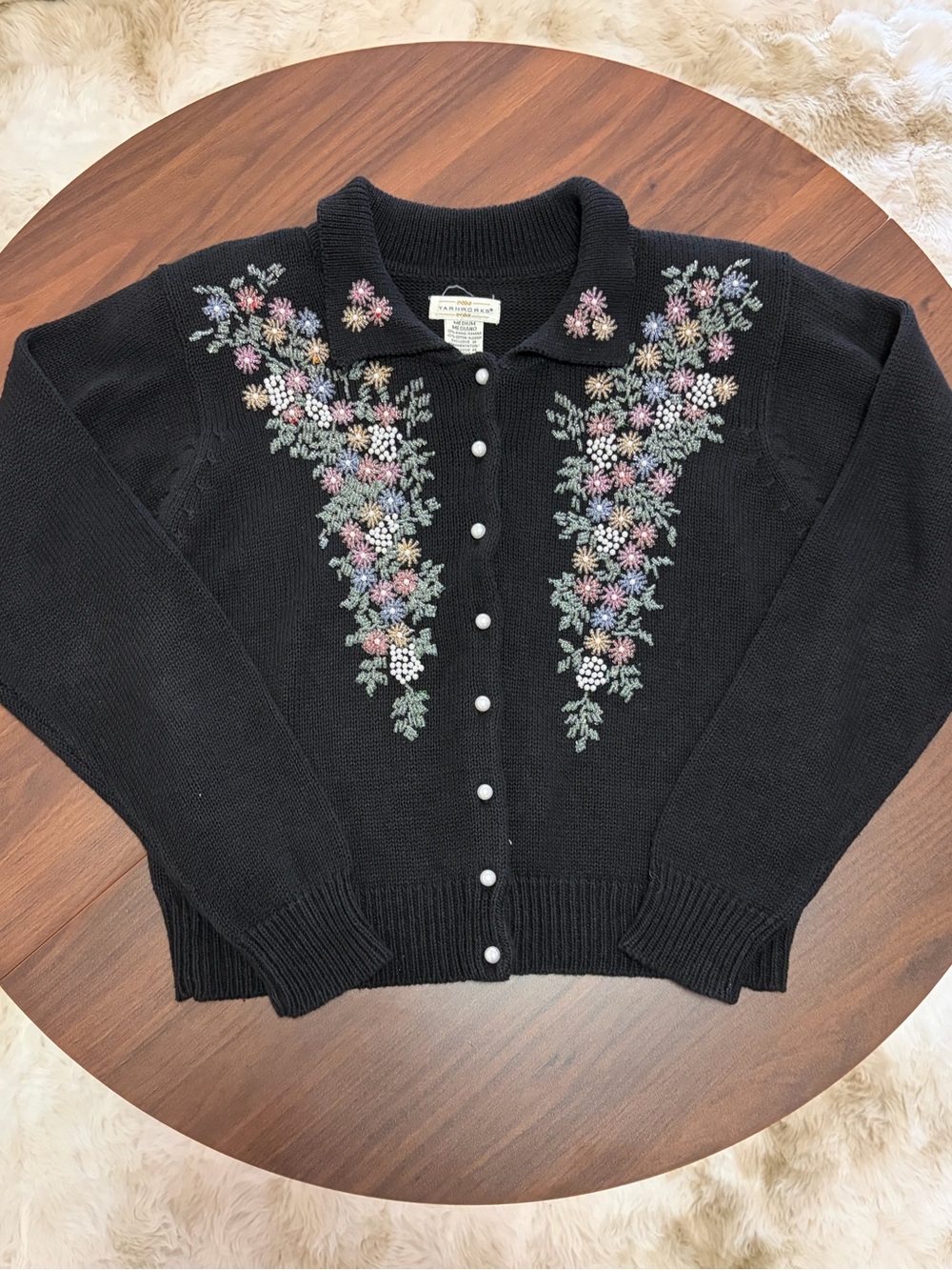 Vintage Floral Embroidered Black Women's Cardigan Sweater